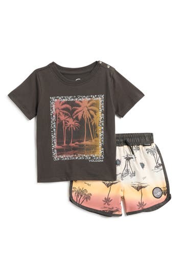 Shop Volcom Jersey Graphic T-shirt & Swim Shorts Set In Black