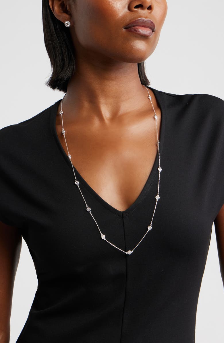 Nordstrom Bezel Cubic Zirconia Station Long Necklace, Alternate, color, Clear- Silver