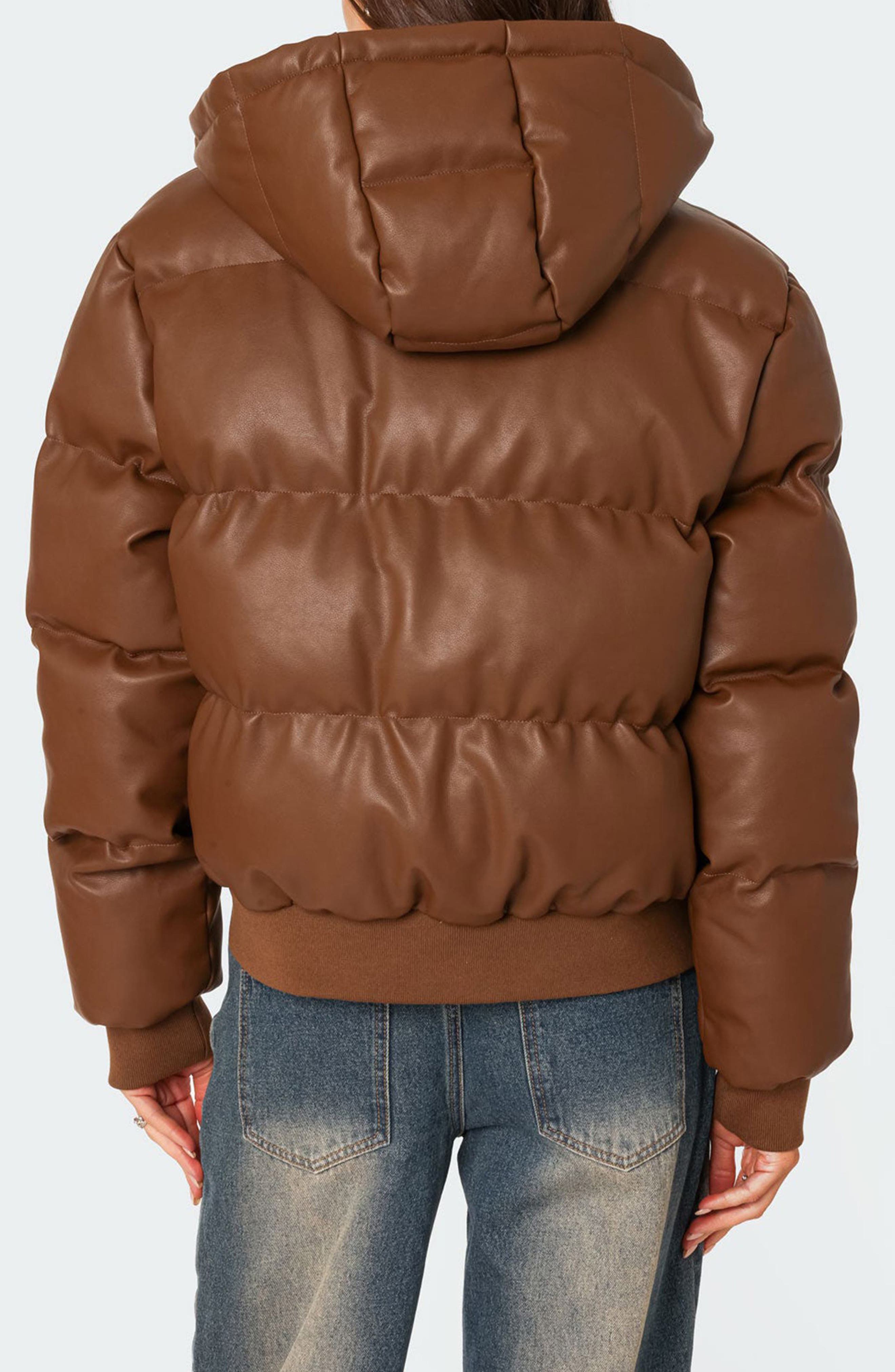 Wintry Faux Leather Hooded Puffer Jacket - image 2
