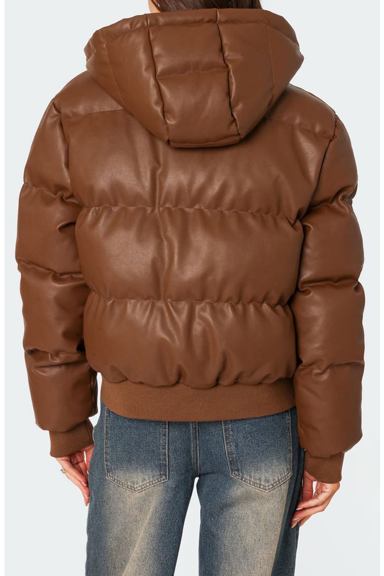 Wintry Faux Leather Hooded Puffer Jacket, Alternate, color, BROWN