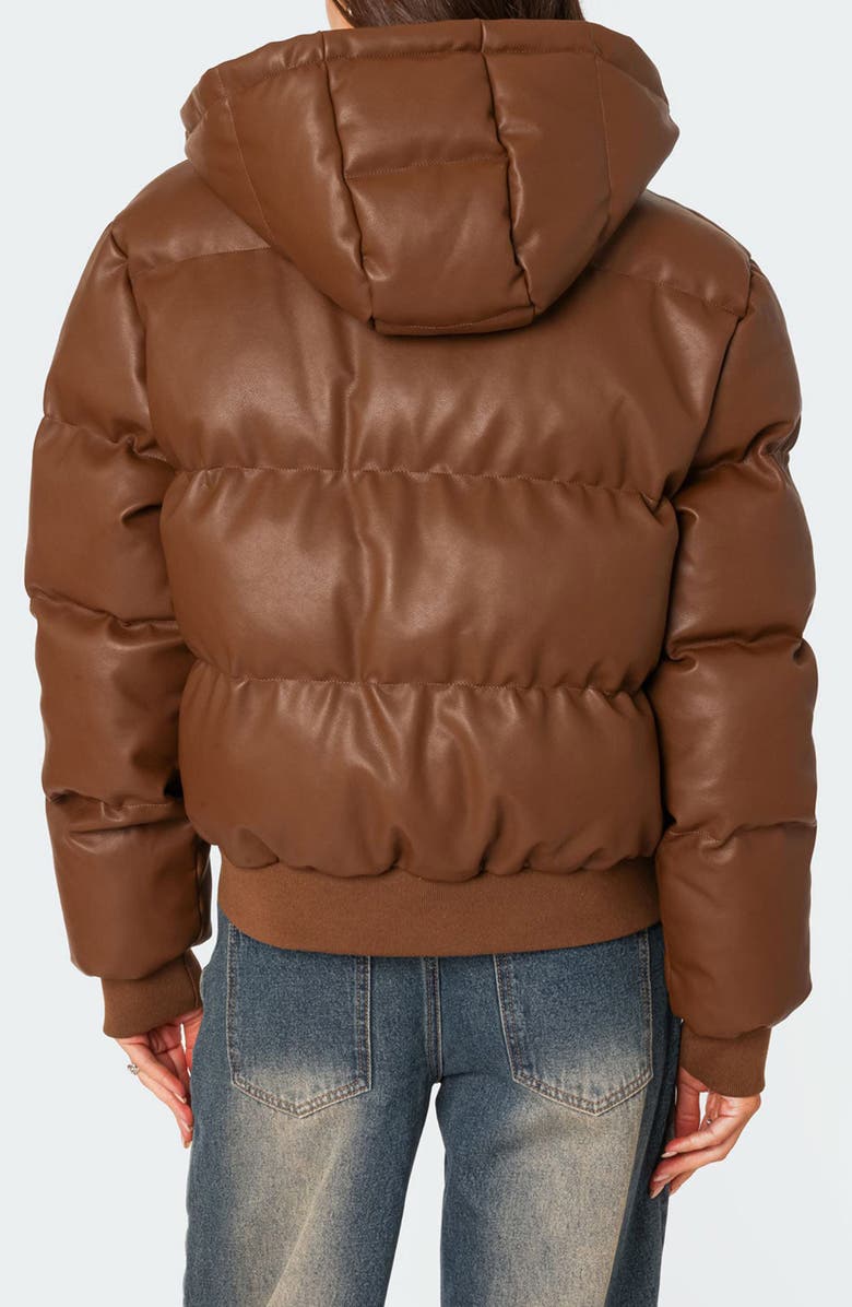 EDIKTED Wintry Faux Leather Hooded Puffer Jacket, Alternate, color, Brown