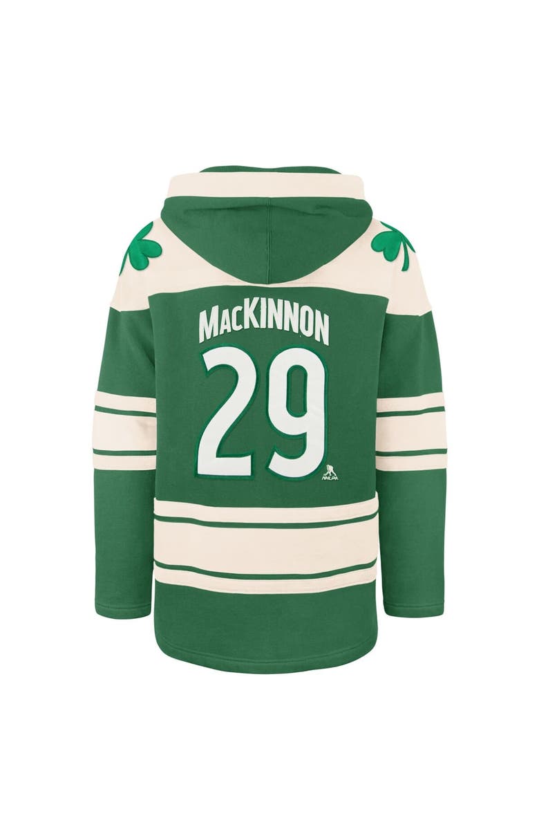 '47 Men's '47 Nathan MacKinnon Kelly Green Colorado Avalanche St. Patrick's Day Player Name & Number Lacer Pullover Hoodie, Alternate, color, Kelly Green