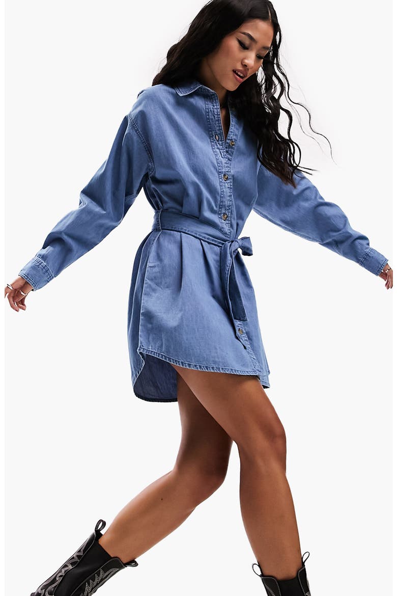 Belted Long Sleeve Denim Shirtdress, Alternate, color, MID BLUE