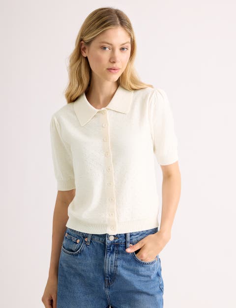 Short Sleeve Pointelle Button Polo Top