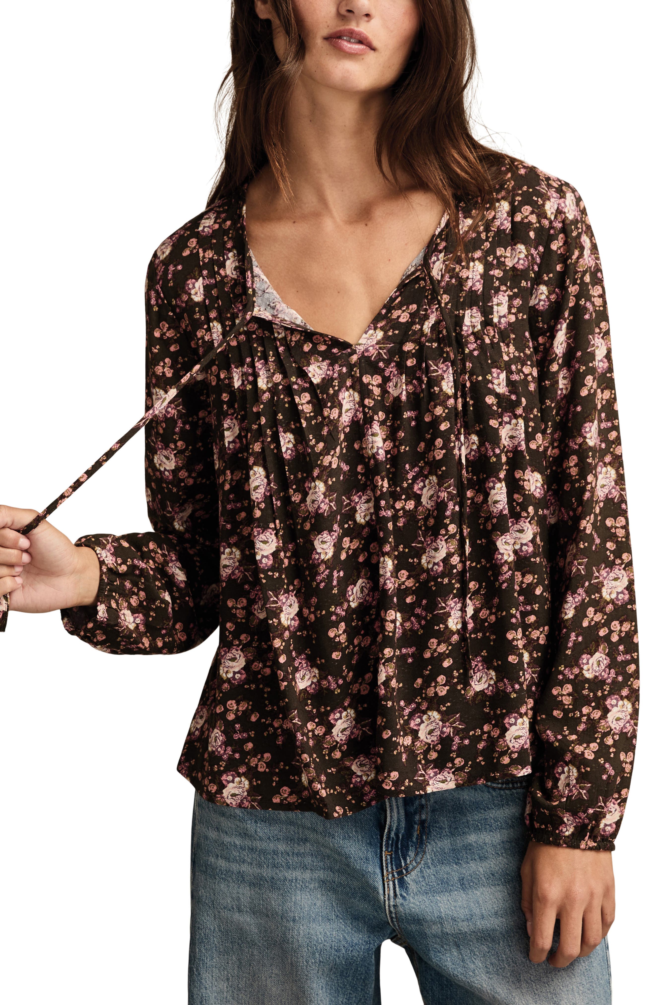 Lucky Brand Pintuck Floral Peasant Top