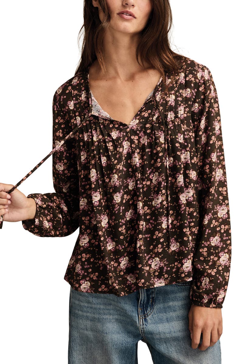 Lucky Brand Pintuck Floral Peasant Top, Main, color, Black Multi