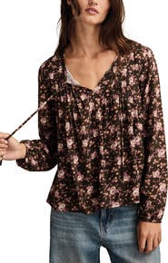 Lucky Brand Pintuck Floral Peasant Top
