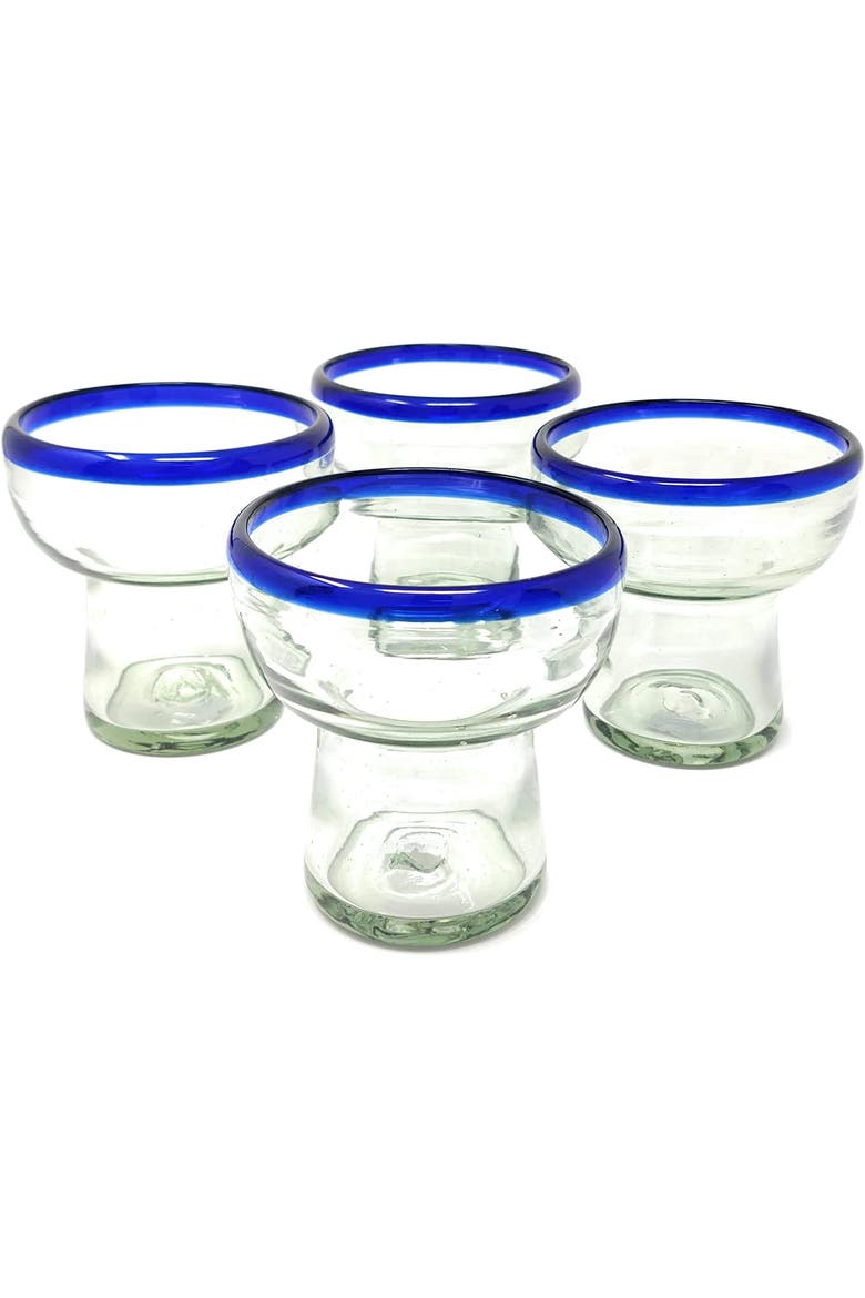 Hand Blown Stemless Margarita Glasses - Set of 4, Main, color, Cobalt Rim