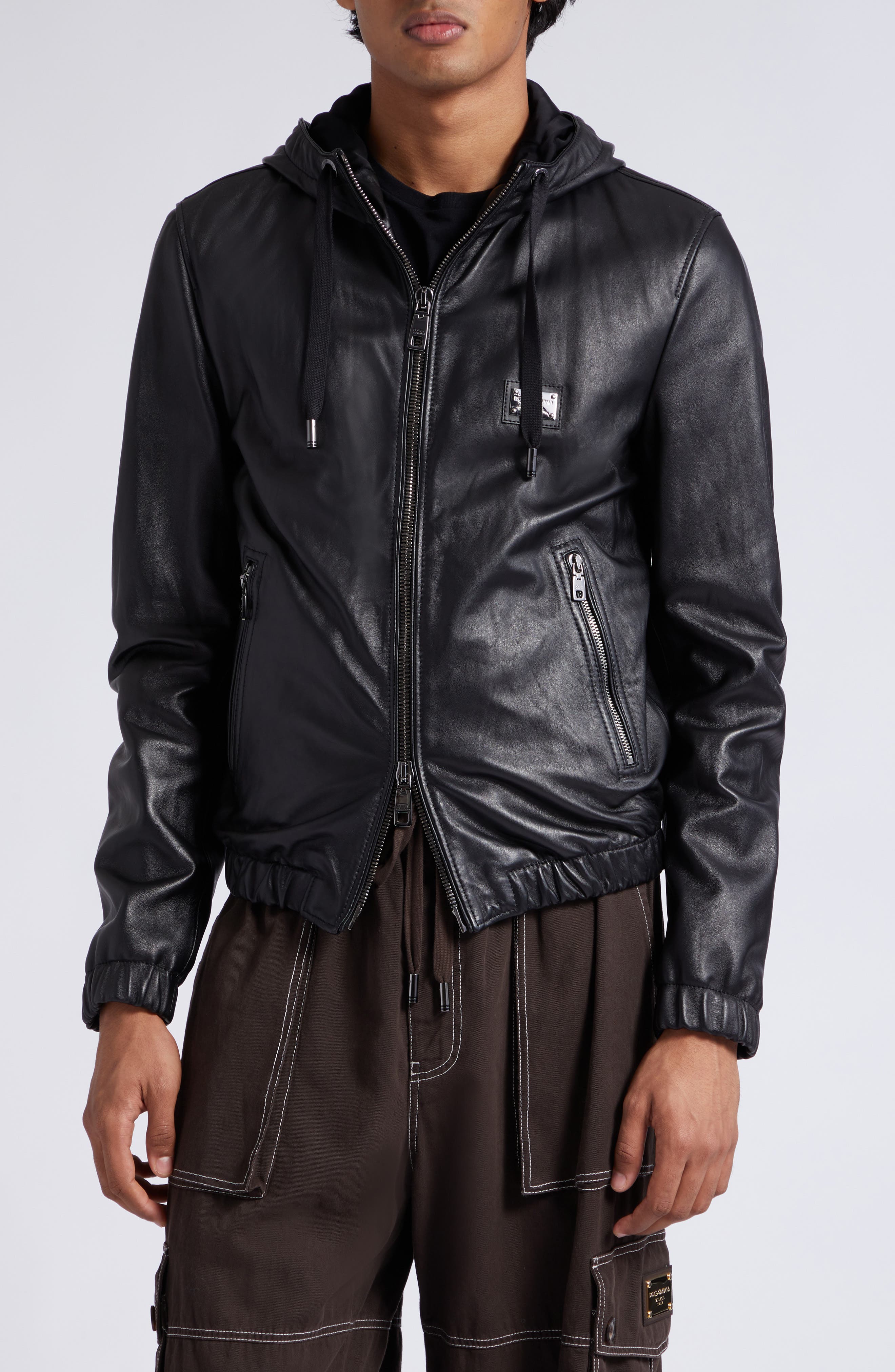 Logo Plaque Leather Hooded Blouson Jacket
