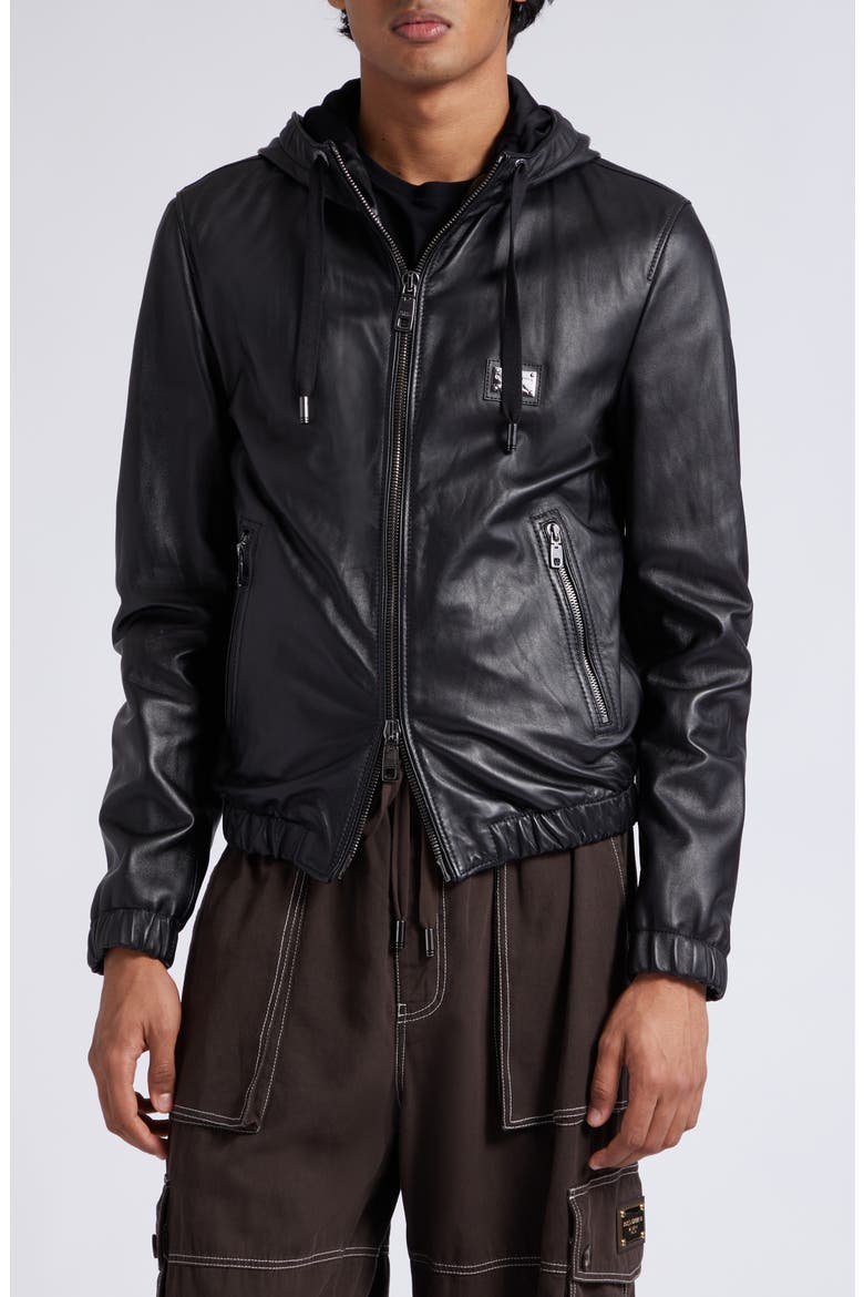 Logo Plaque Leather Hooded Blouson Jacket, Main, color, BLACK