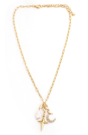 Panacea Faux Pearl, Moon & Star Charm Necklace In Gold