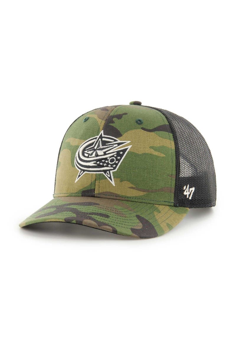 Men's '47 Camo/Black Columbus Blue Jackets Trucker Adjustable Hat, Main, color, Camo