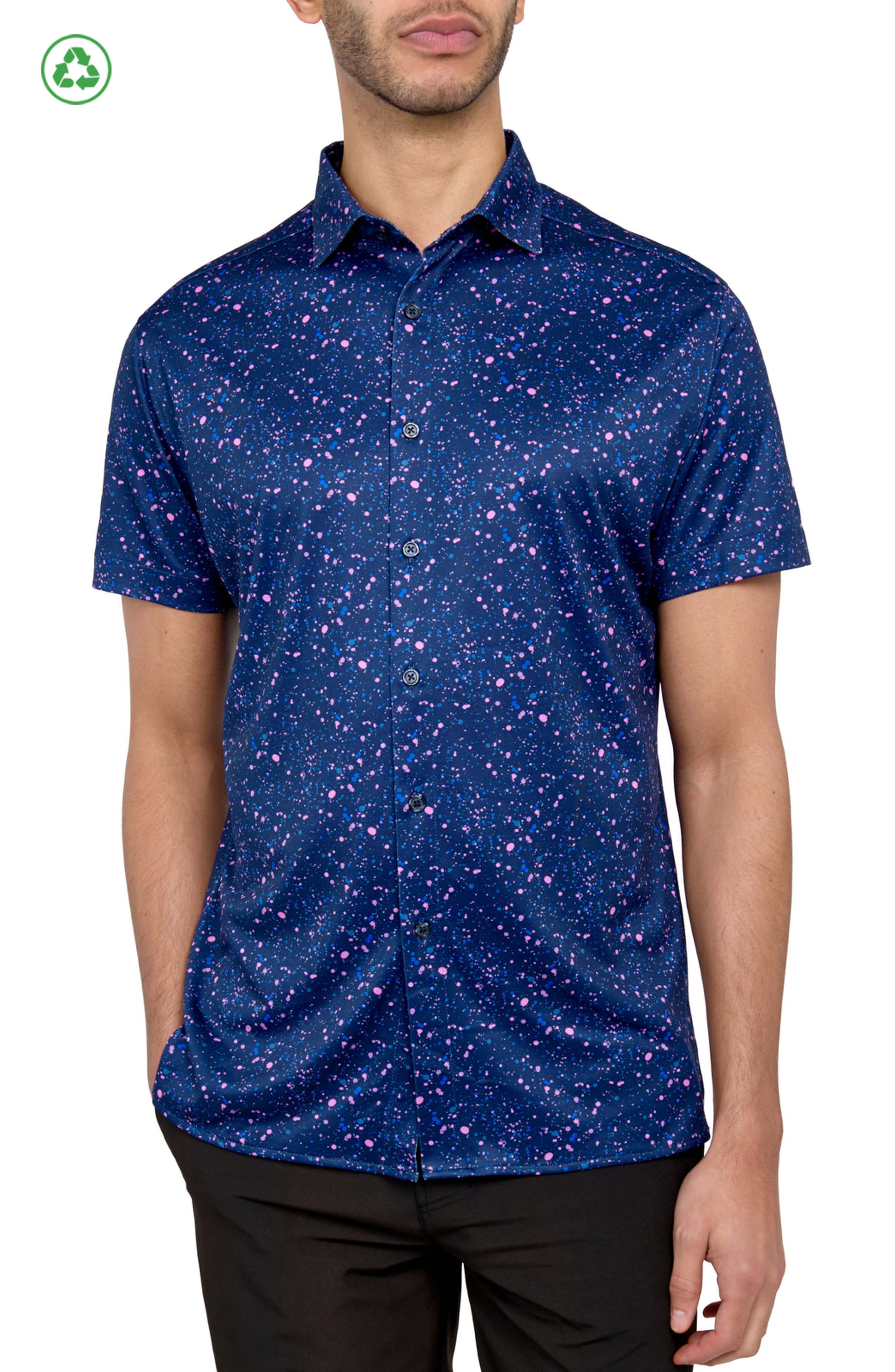Regular Fit Paint Splatter Print Recycled Performance Golf Button-Down Shirt