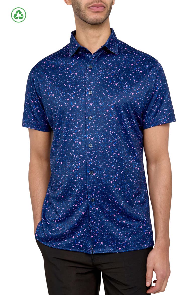 Regular Fit Paint Splatter Print Recycled Performance Golf Button-Down Shirt, Main, color, NAVY