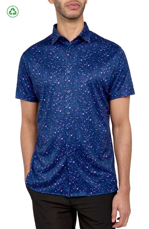 Regular Fit Paint Splatter Print Recycled Performance Golf Button-Down Shirt