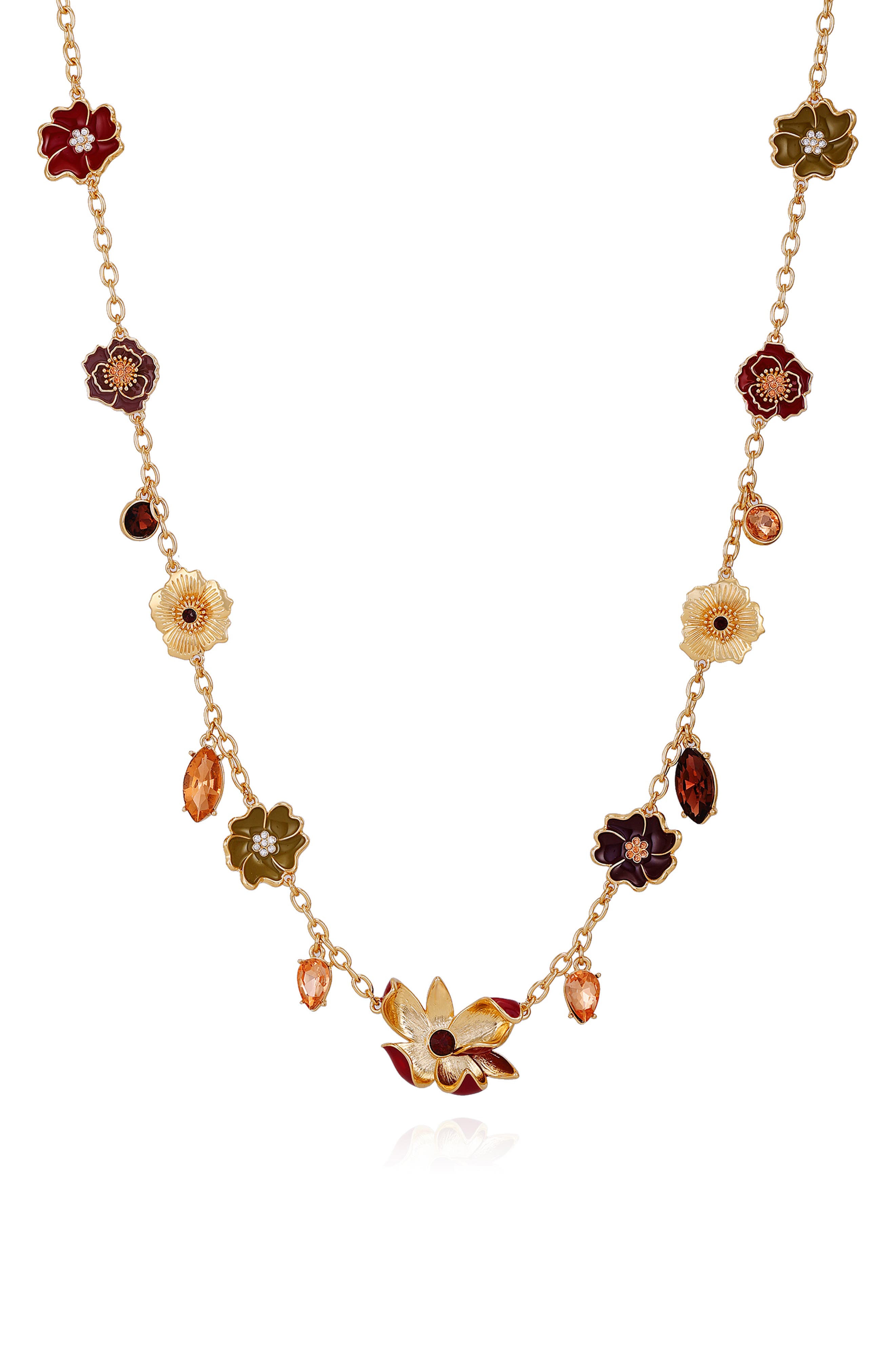 GUESS Crystal Charm Floral Station Chain Long Necklace