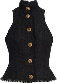 Balmain Button Front Fringe Tweed Top