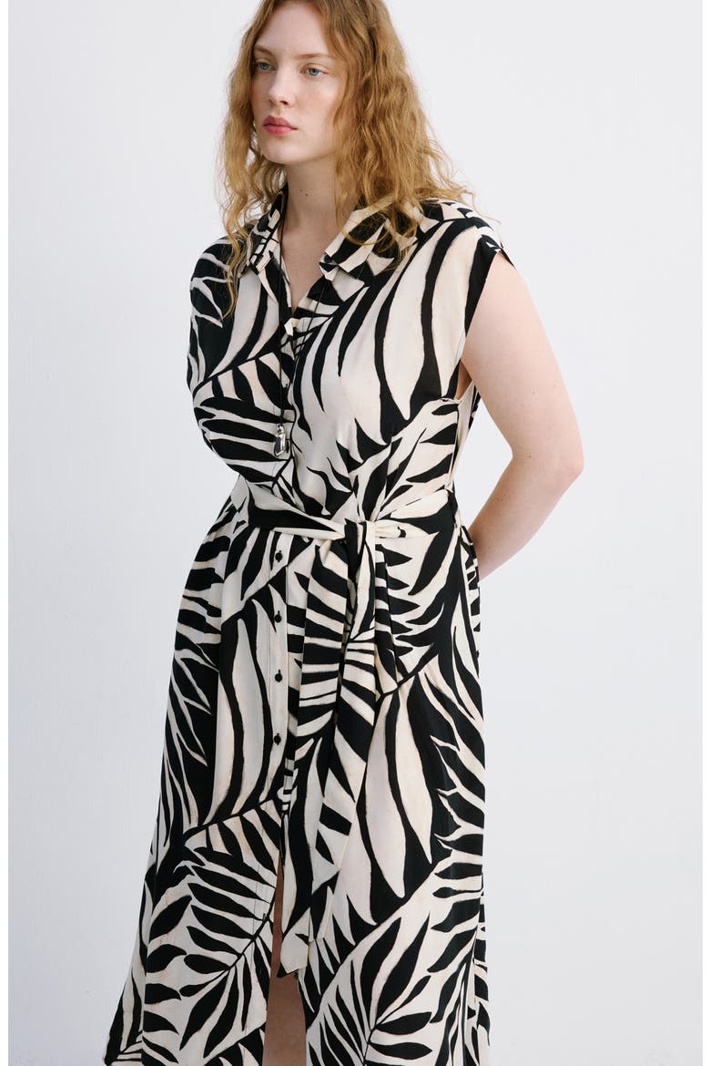 Leaf Print Midi Shirtdress, Alternate, color, BLACK