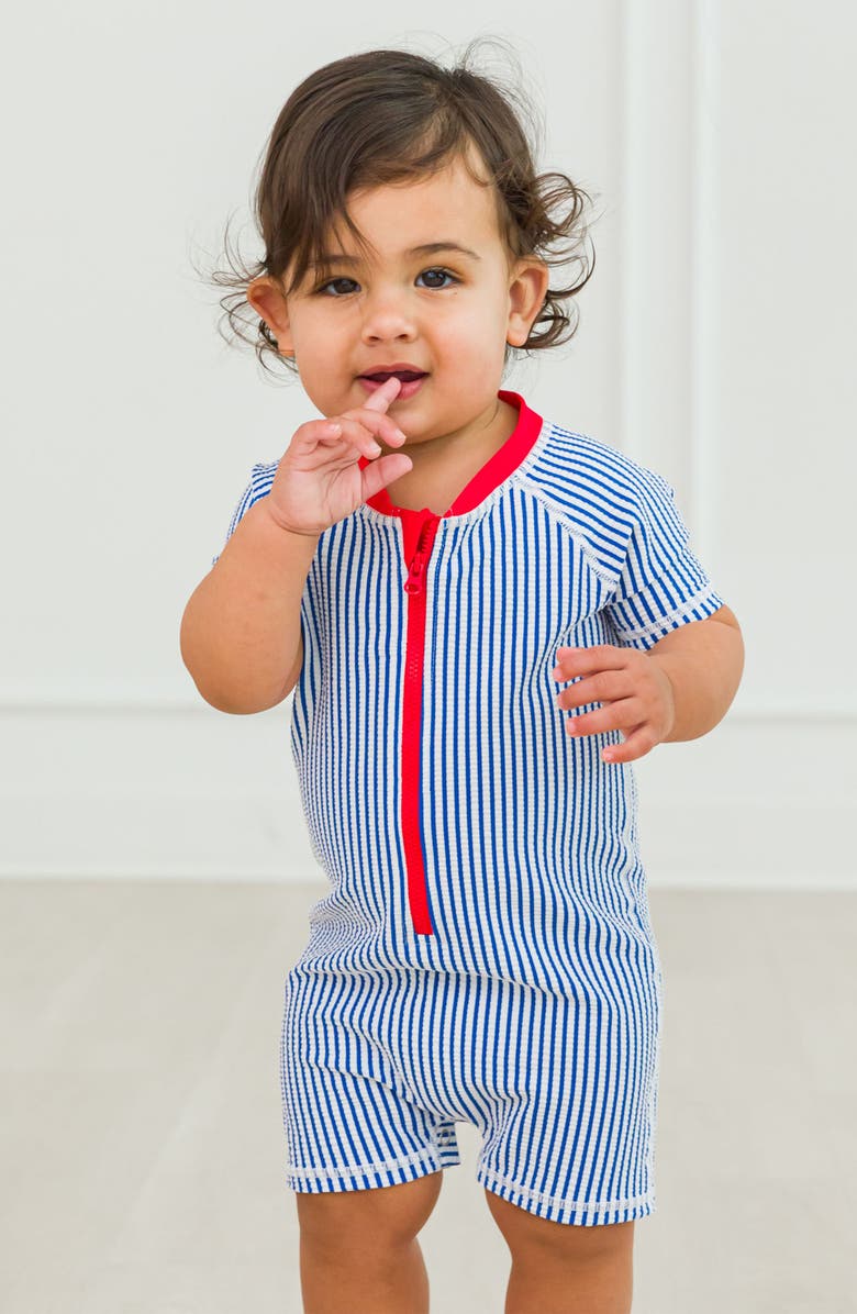 RuggedButts Blue Seersucker One-Piece Rashguard Swimsuit & Hat Set, Alternate, color, 