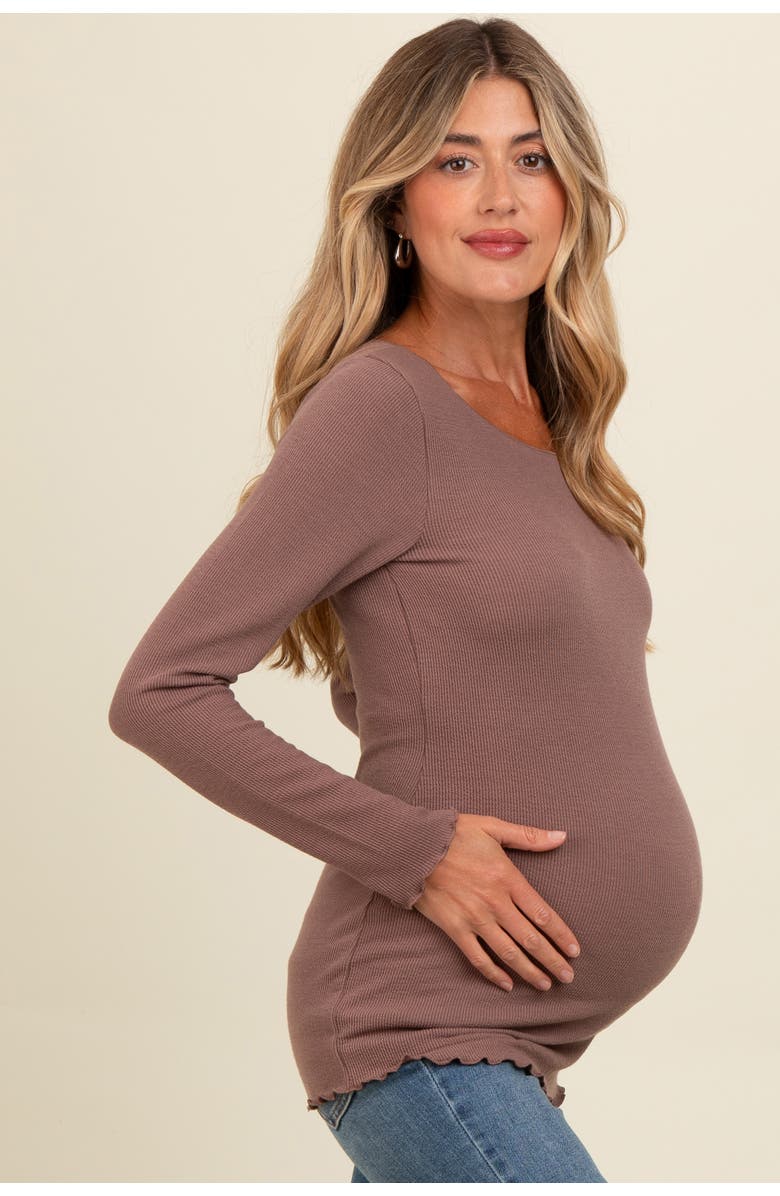 PinkBlush Ribbed Knit Long Sleeve Lettuce Hem Top, Alternate, color, Brown