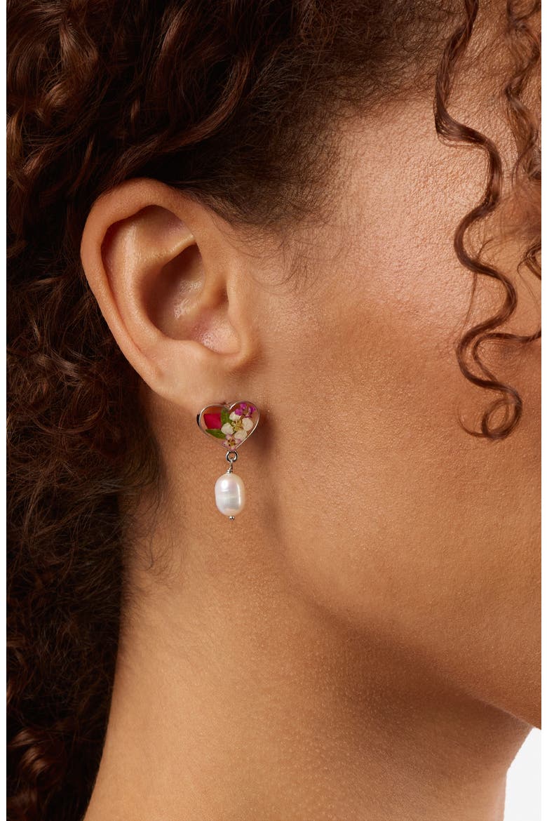 Dried Flowers & Cultured Pearl Heart Drop Earrings, Alternate, color, SILVER
