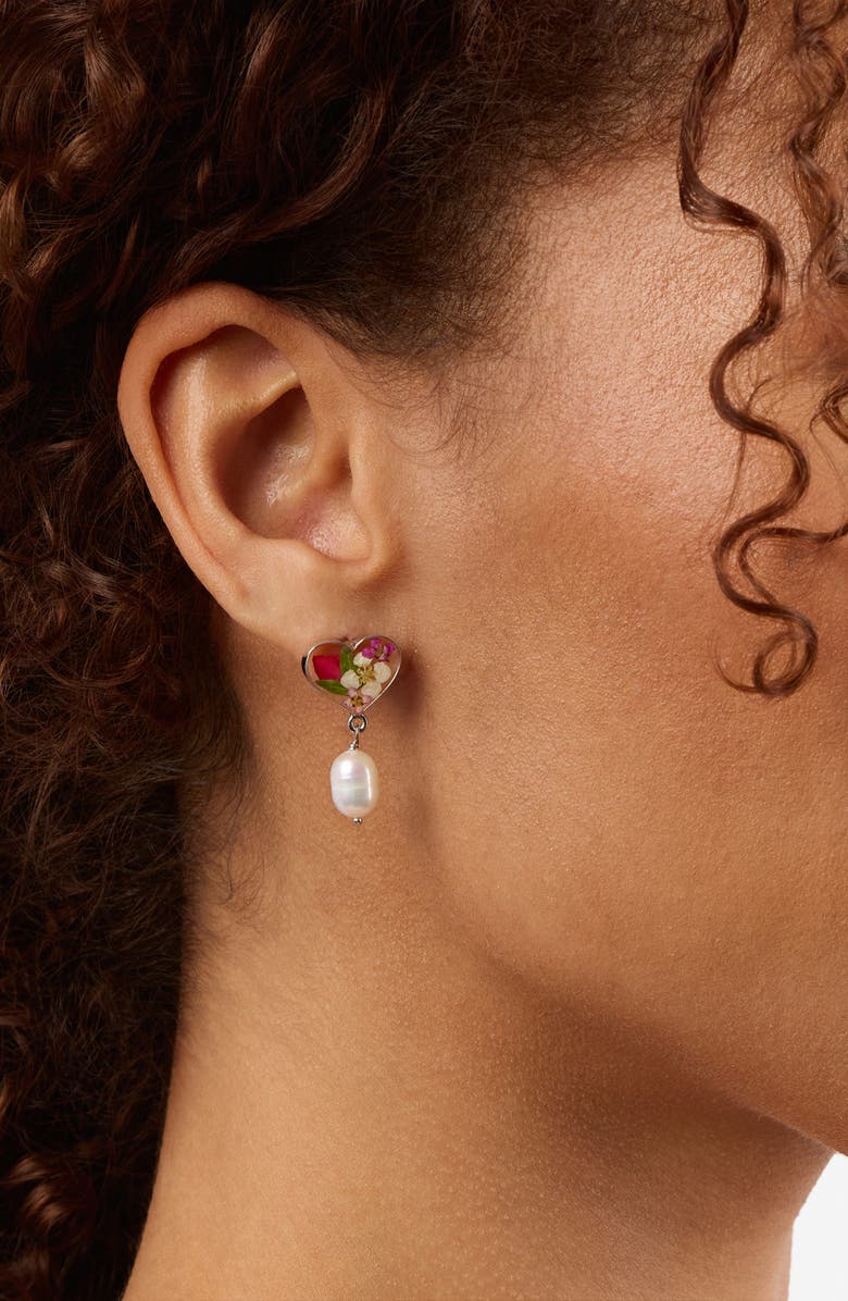 ATHRA LUXE Dried Flowers & Cultured Pearl Heart Drop Earrings, Alternate, color, Silver