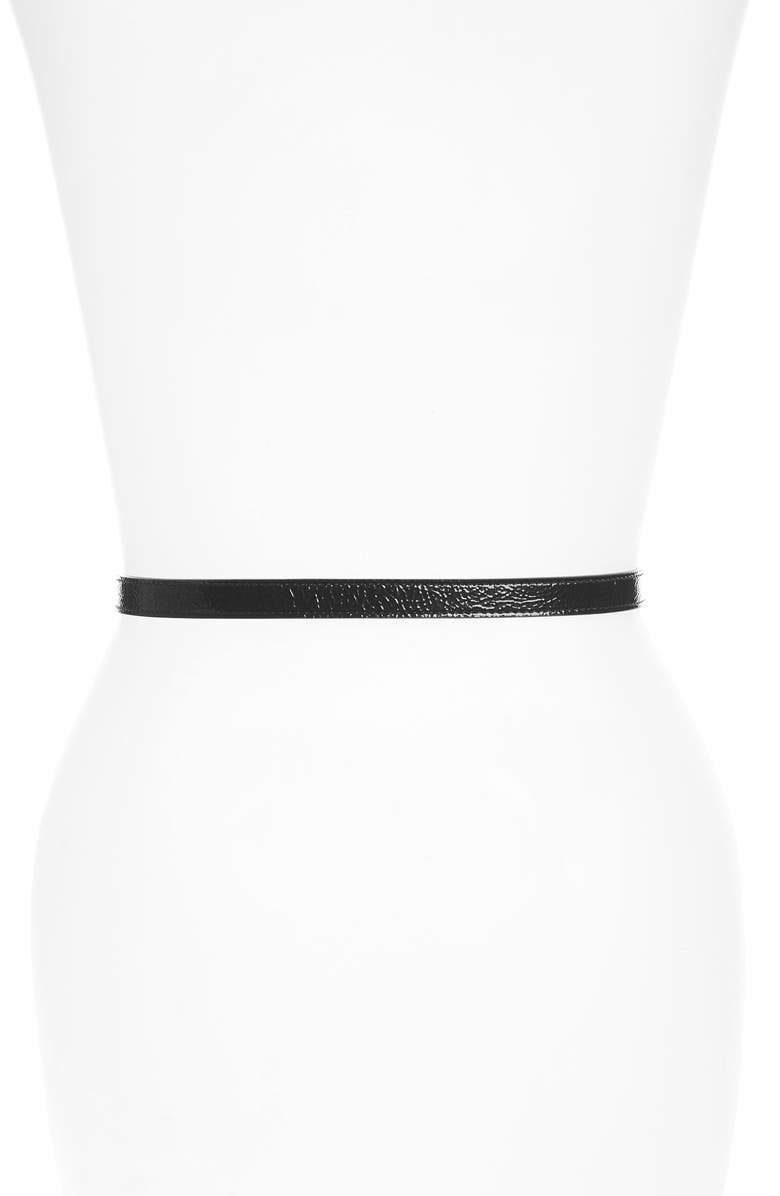 Gucci Double-G Skinny Patent Leather Belt, Alternate, color,