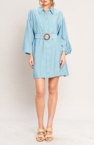 FLYING TOMATO Lace Panel Long Sleeve Belted Shirtdress