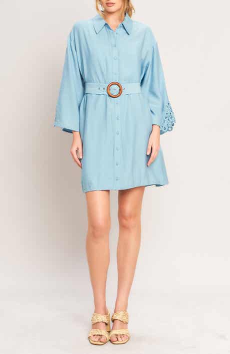 FLYING TOMATO Lace Panel Long Sleeve Belted Shirtdress
