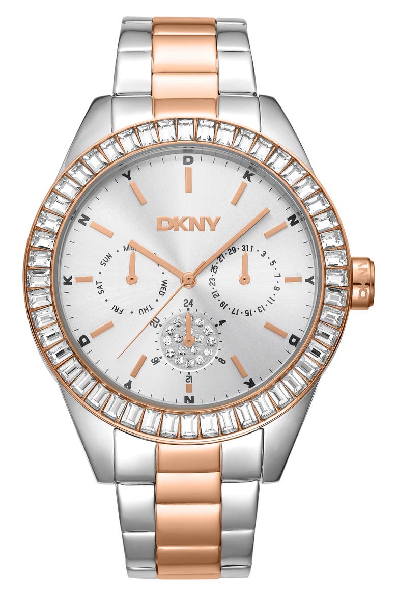Crystal Bezel Three Hand Quartz Bracelet Watch, 40mm, Main, color, TWO TONE SILVER AND ROSE GOLD