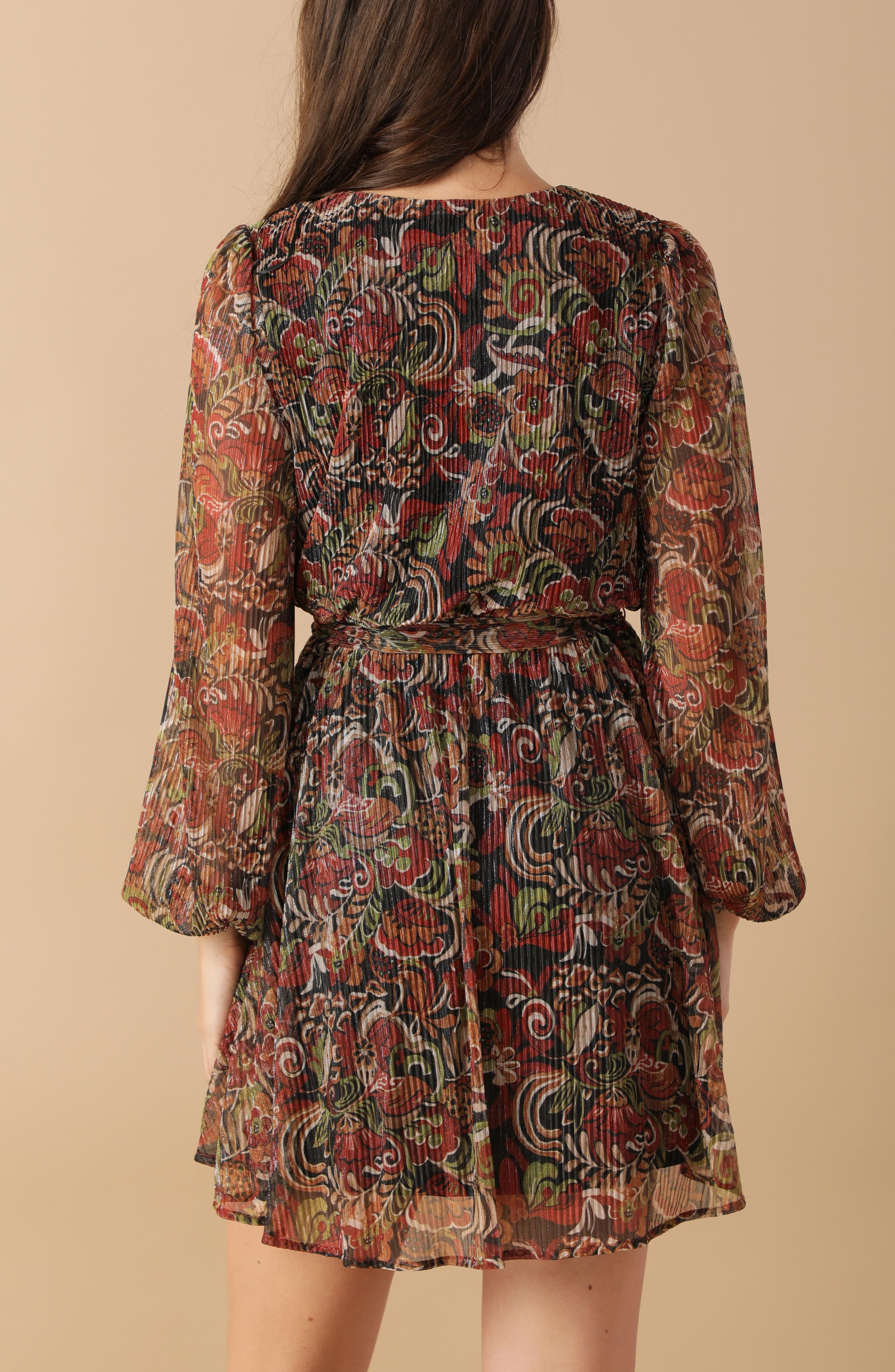 Long Sleeve Metallic Plissé Minidress