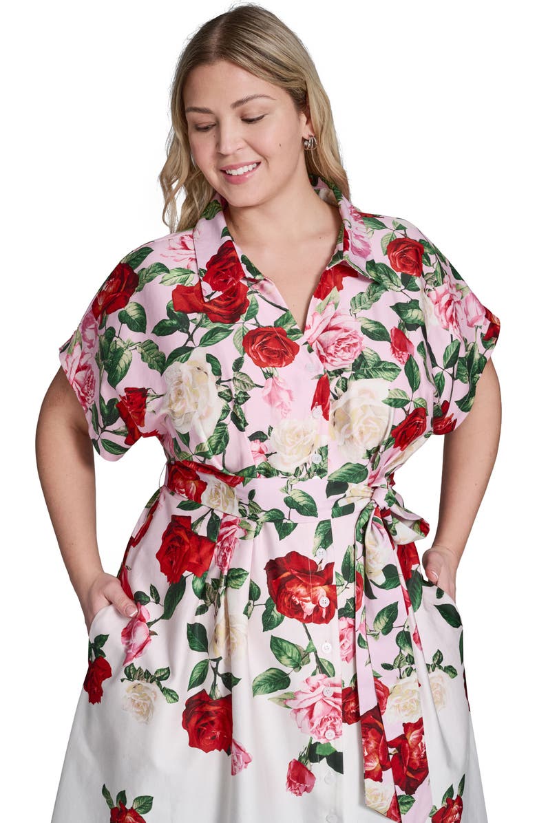 KARL LAGERFELD PARIS Placed Floral Stretch Cotton Midi Shirtdress, Alternate, color, Cornelia Rose/ Sft Wht Multi