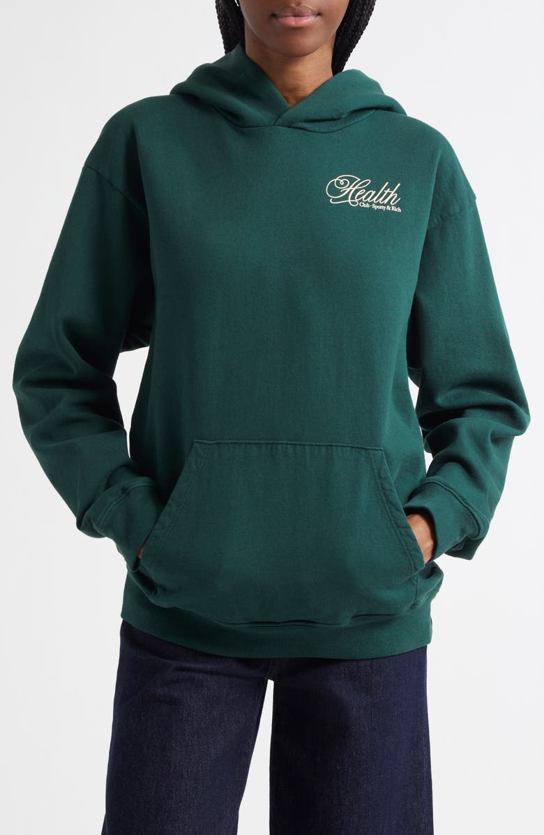 Sporty & Rich Health Script Oversize Cotton Fleece Graphic Hoodie, Main, color, Forest