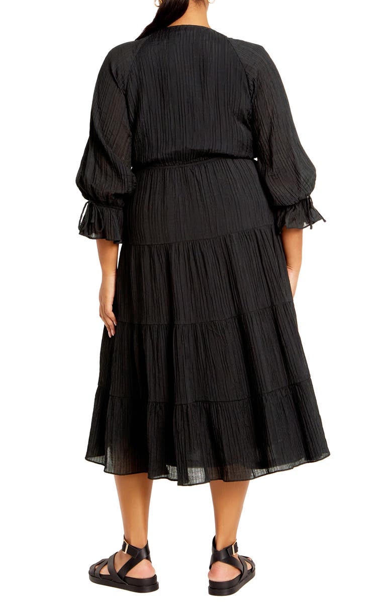 City Chic Jojo Plissé Long Sleeve Midi Dress, Alternate, color, Black