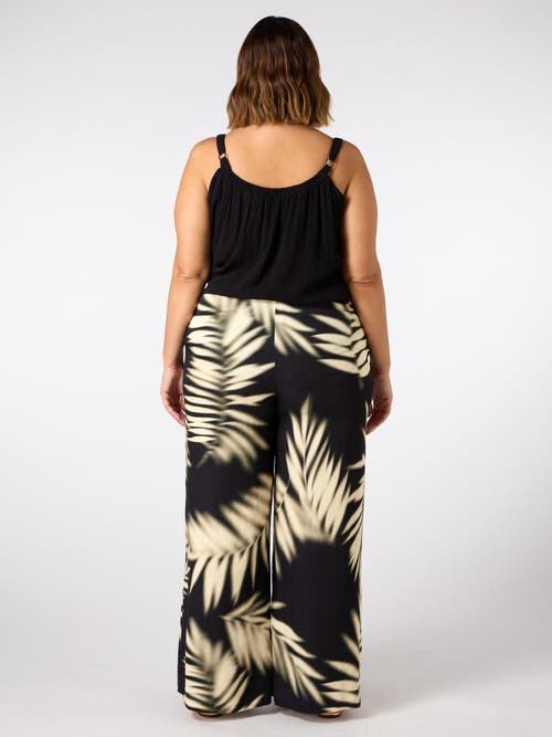 Live Unlimited Leaf Print Wide Leg Pull On Pants In Black
