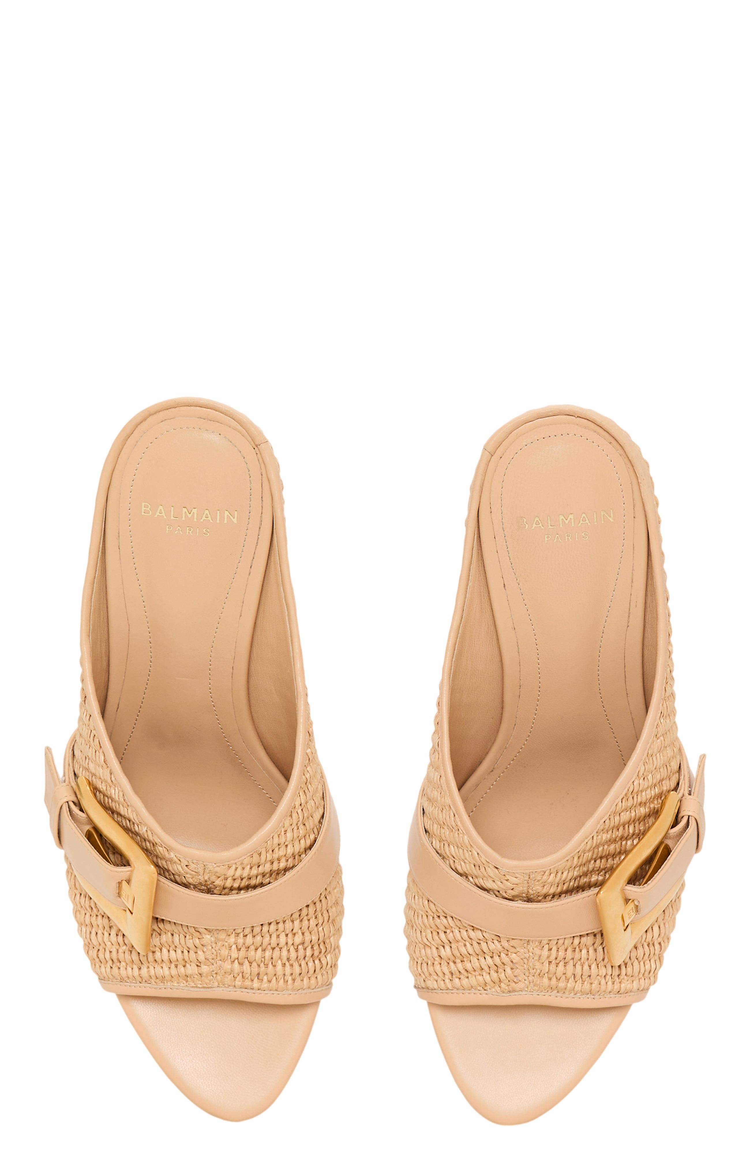 Balmain Anthem No Wedge mules in smooth leather and raffia, Alternate, color, Beige