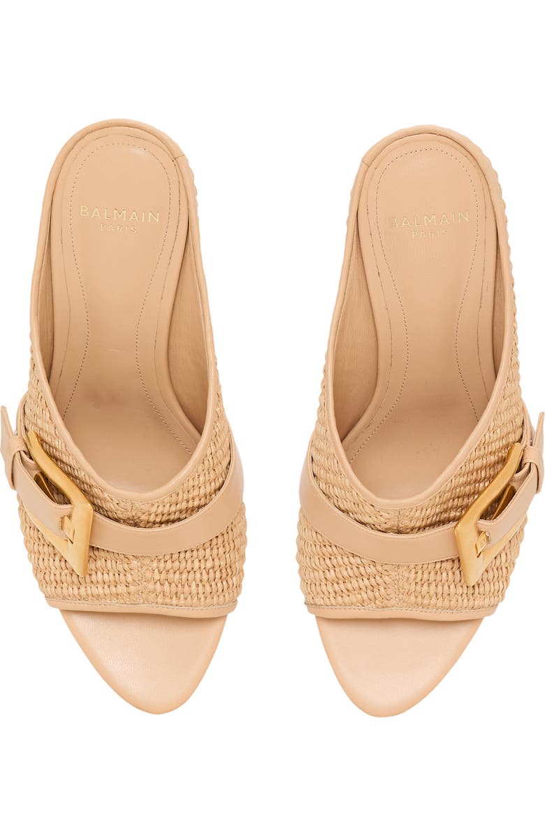 Balmain Anthem No Wedge mules in smooth leather and raffia, Alternate, color, Beige