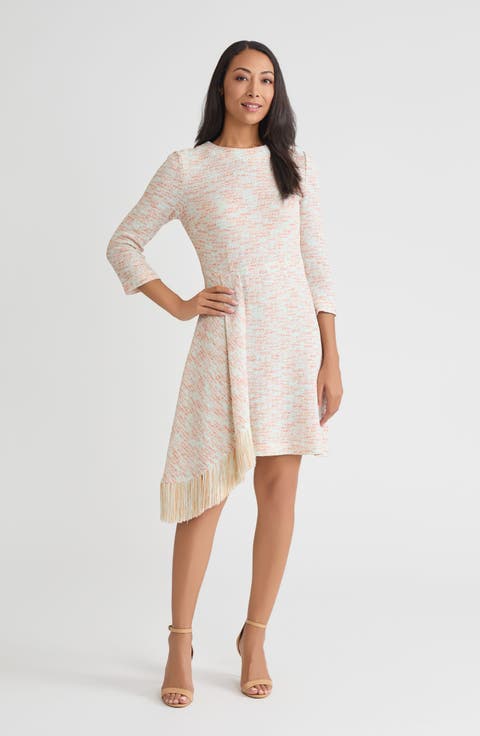 Faux Wrap A-Line Melange Tweed Knit Dress