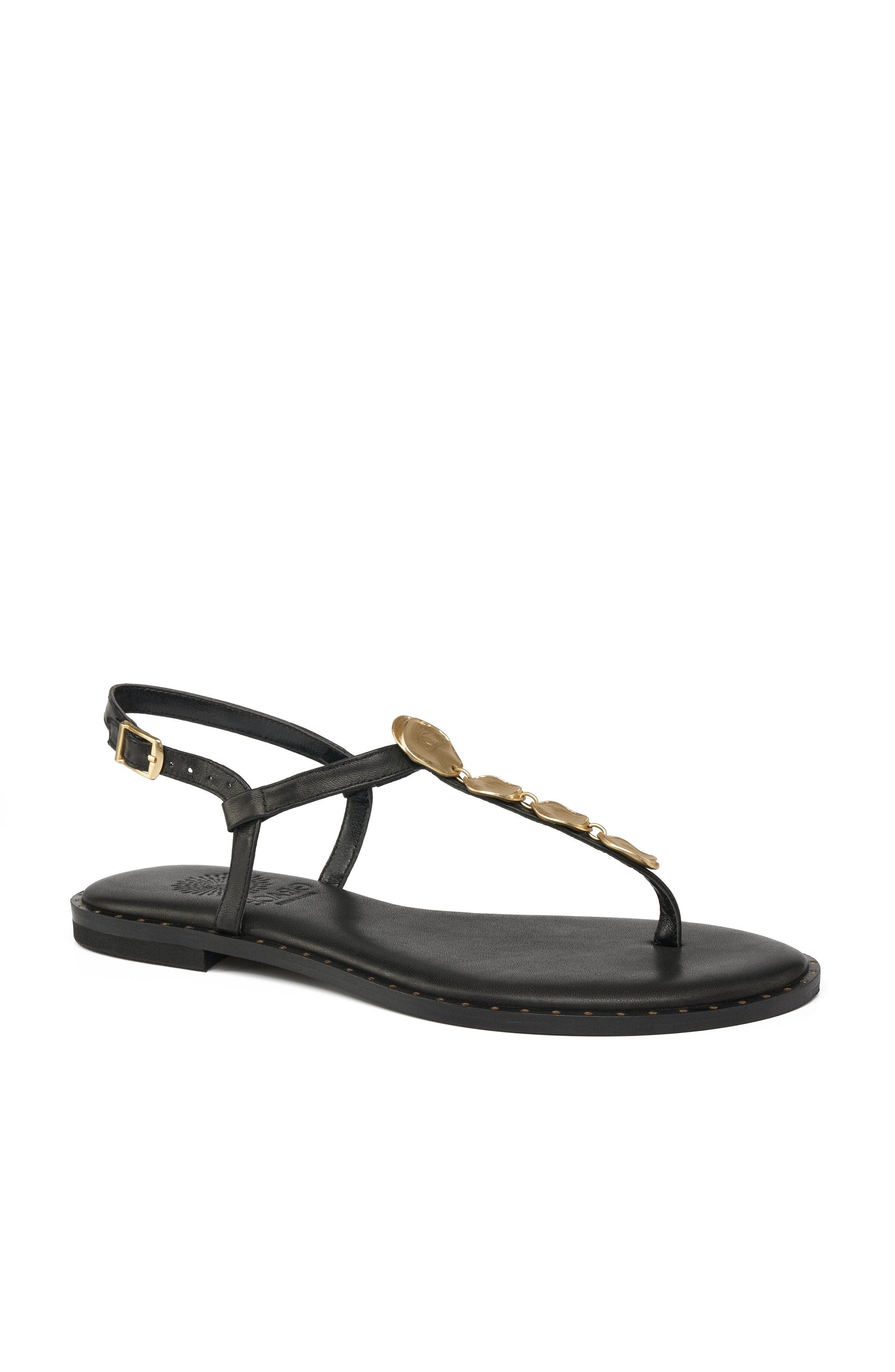 Grace Footwear Spetses Gold Disc T Strap Sandal, Main, color, Black