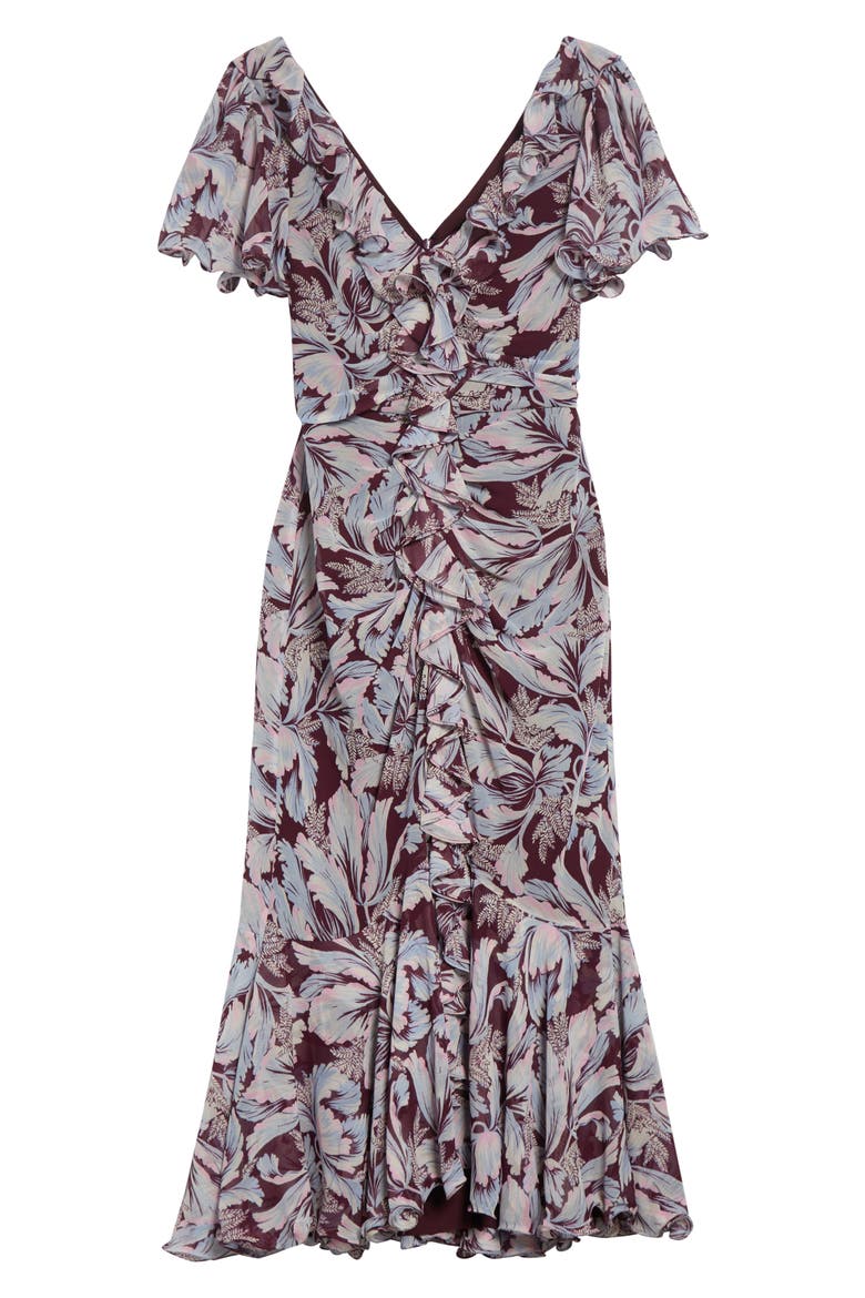 Clio Floral Ruffled Midi Dress, Alternate, color, DEEP PLUM MULTI