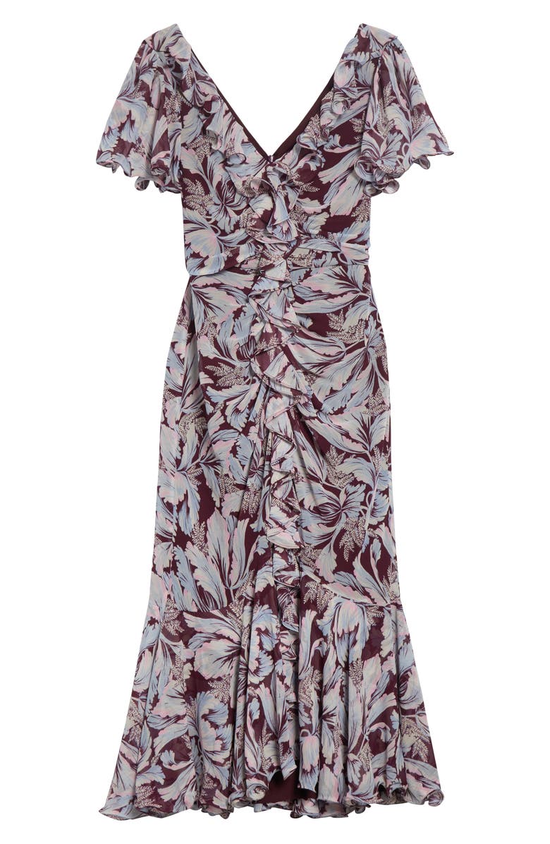 Cinq à Sept Clio Floral Ruffled Midi Dress, Alternate, color, Deep Plum Multi
