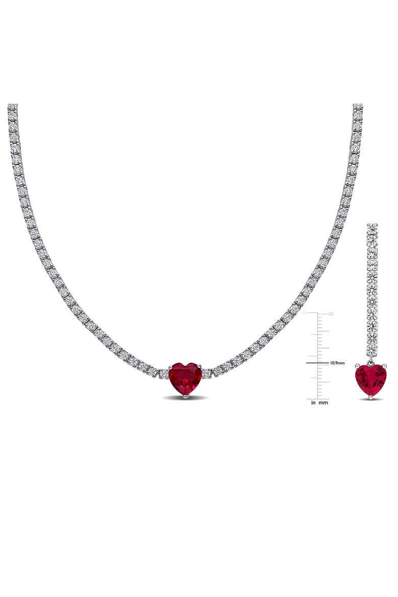 White Sapphire & Lab-Created Ruby Heart Necklace & Drop Earrings, Alternate, color, RED