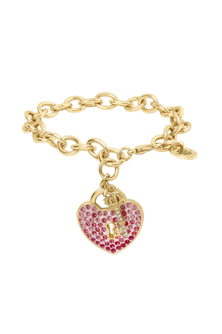 Heart Padlock and Key Charm Bracelet, Ombre Pink Crystals, Main, color, Pink