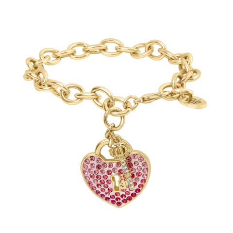 Heart Padlock and Key Charm Bracelet, Ombre Pink Crystals