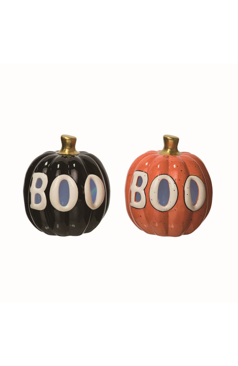 Transpac Dolomite Light Up BOO Pumpkin Set of 2 Ceramic Figurines, Main, color, Multicolored