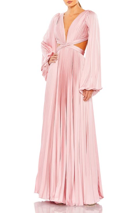 Long Sleeve Pleated Charmeuse Cut Out Gown