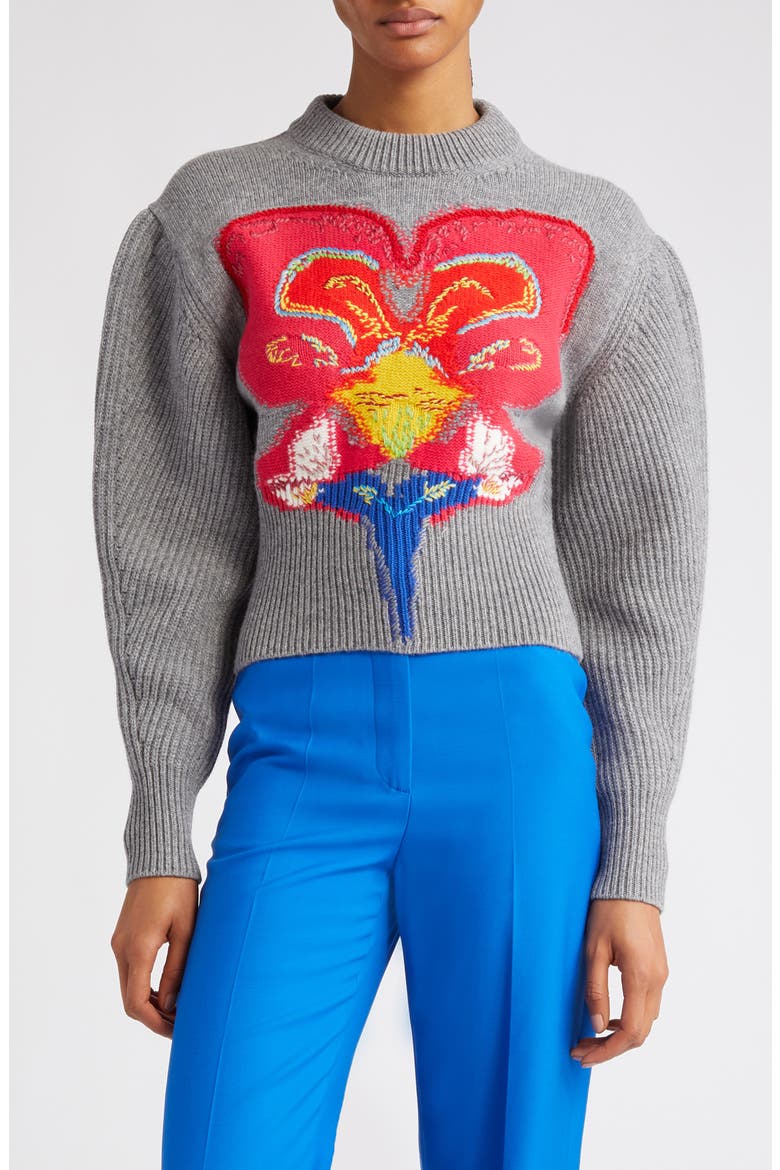 Orchid Intarsia Cocoon Sleeve Crop Wool Sweater, Main, color, 1164 GREY/ RED/ YELLOW