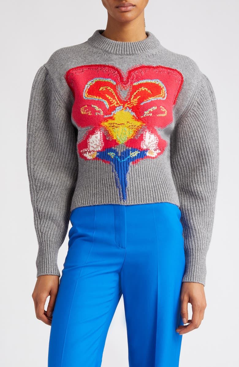 McQueen Orchid Intarsia Cocoon Sleeve Crop Wool Sweater, Main, color, 
