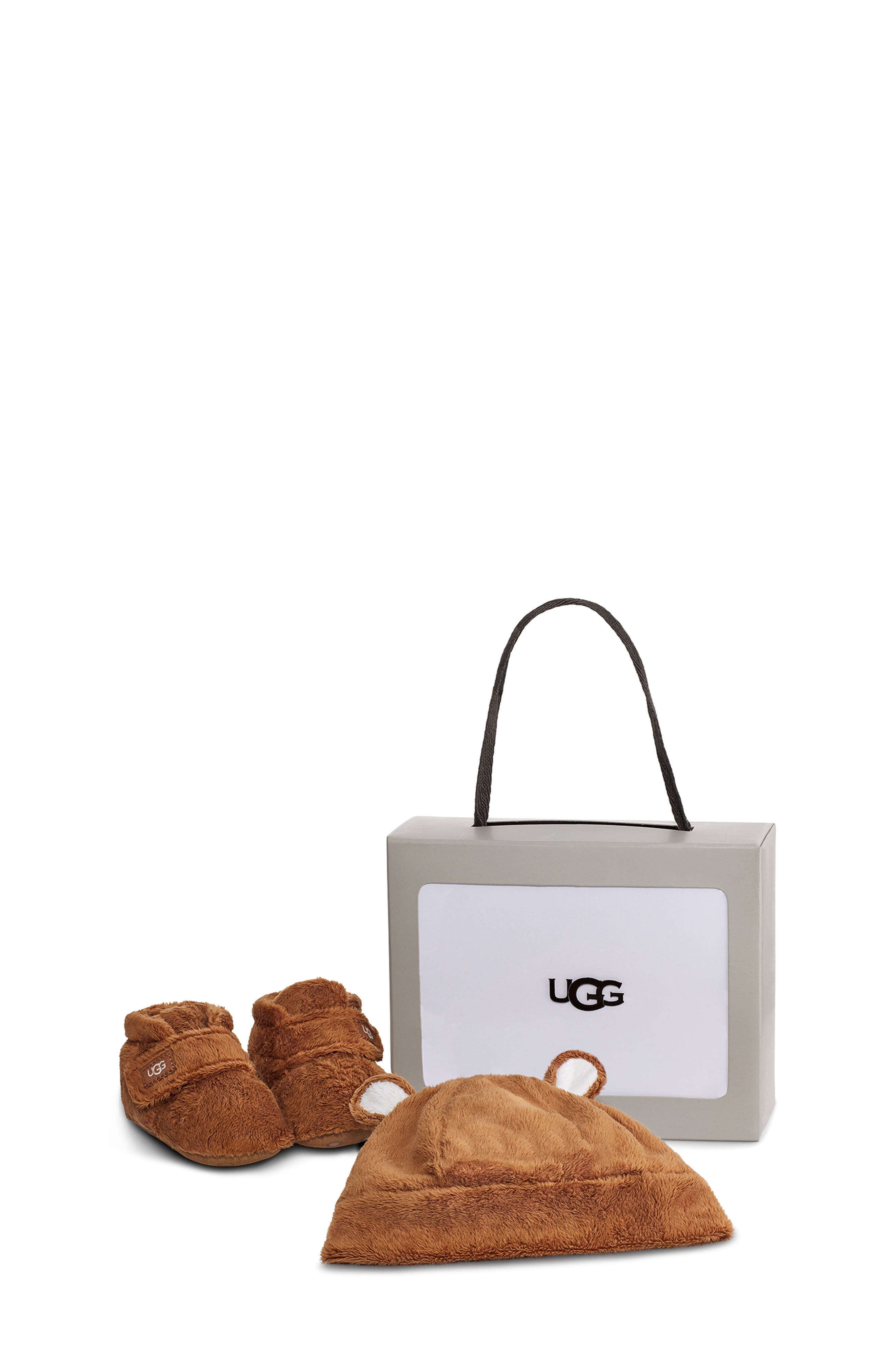 Bixbee Faux Fur Beanie & Booties Set, Main, color, CHESTNUT