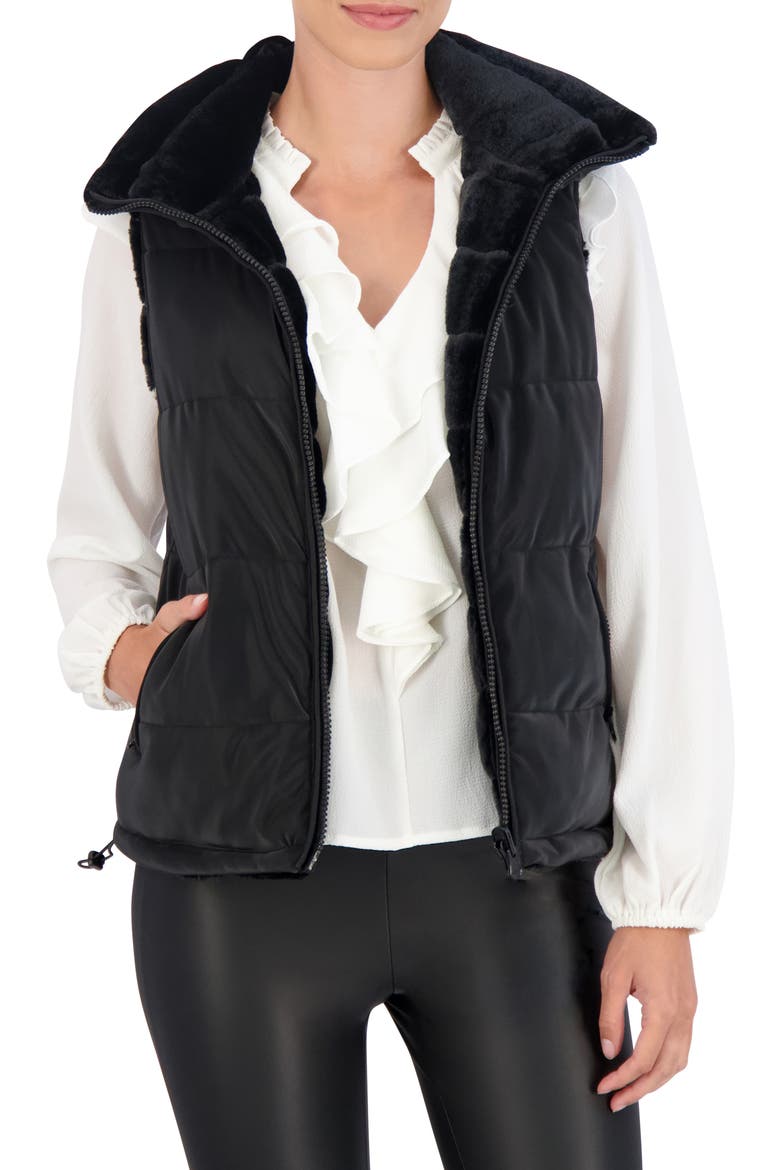 Water Resistant Reversible Faux Fur Puffer Vest, Alternate, color, BLACK